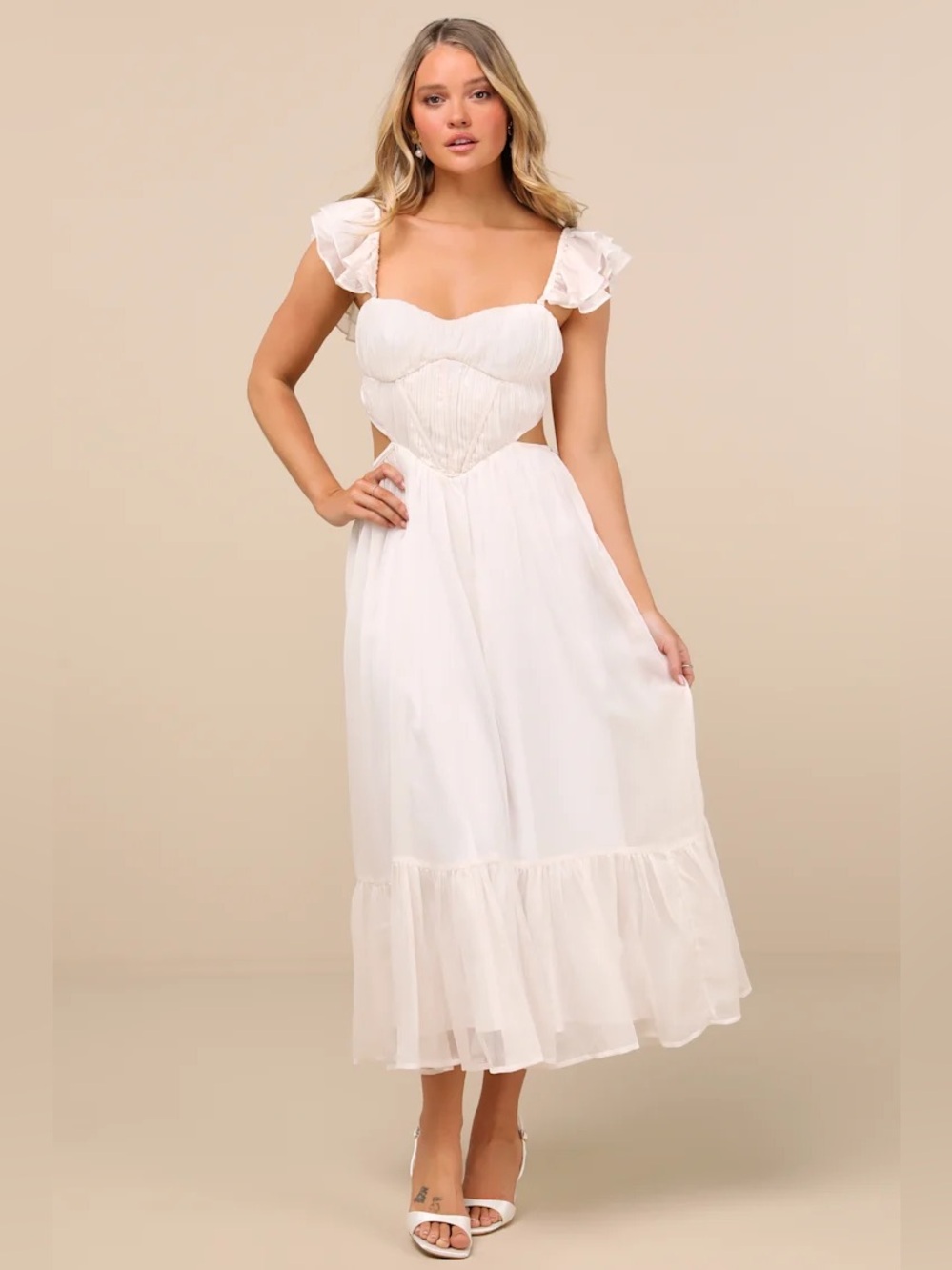 Lulus Mio Ivory Pleated Tie Back Midi Dress Sz M NWT Romantic Cottagecore Bridal